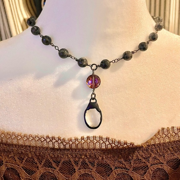 Short Black Marbled Linked Bead Necklace Crystal Amber Drop Choker - Picture 1 of 5